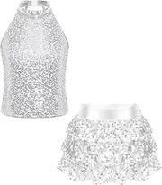 [iEFiEL] Sequins Dance Costume for Girls Hip Hop Dancewear Jazz Dance Dress Crop Top with Skirt Set Cheerleading Uniform