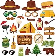 25Pcs Happy Camper Themed Photo Booth Props, Camping Party Selfie Props with Sticks and Dot Glue for Kids Girls Boy Birthday Decorations, Camping Birthday Party Decor
