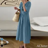 在飛比找momo購物網優惠-【ACheter】沖繩渡假寬鬆背系帶設計棉麻花苞袖洋裝#10