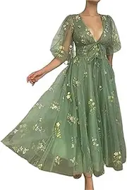 [DQLIOWUO] Women Puff Sleeve Prom Dress Backless Tulle Floral Embroidery Long Dress Formal Evening Party Gowns (Color : Green, Size : US Size 12(L))