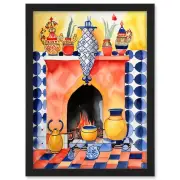 Kitchen Hearth Fireplace Coloured Tiles Folk Art Framed Art Picture Print A3