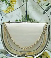 NWT MICHAEL KORS JAGGER GOLD STUDDED Shoulder Messenger Bag OPTIC WHITE Leather