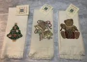 Vintage Ashley Taylor Embroidered Tea Towels Cotton Set (3) Christmas Tree Bells