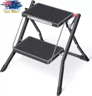 2 Step Folding Ladder, Non-Slip Step Stool, Lightweight Steel, 150kg - Black