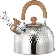 Whistling Tea Kettle with Foldable Handle, 2L Stainless Steel Teapot, Portable Silver Tea Kettle for Induction Cooker, Stovetop