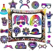 25pcs Neon Glow Party Photo Booth Props with Let's Glow Inflatable Selfie Photo Booth Frame - Funny Neon Glow Selfie Props for Dark Black Light Birthday Party Decoration Supplies