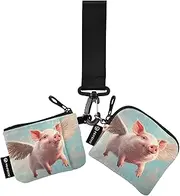 [XYMZR] Cute Pig Fly Mini Zip Around Wristlet keychain Wallet for Women Personalized Pattern Detachable Dual Pouch Wristlet Portable Wallet Phone Coin Purse, Multi-colored, One Size