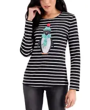 MSRP $37 Karen Scott Jolly-Pengiun-Graphic Striped Top Black Size XS