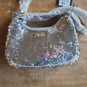 Nicole Miller Silver Sequin Chain Strap Small Shoulder Bag Purse