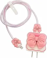 Spiral Cable Protector with Protective Case for iPhone Charger 18W & 20W, 5 in 1 Charger Protective Cover, Full Data Cable Protection Sleeve, Cord Saver, Cable & Adapter - (Pink Bow)