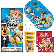 Paw Patrol Theme Birthday Party Set - Serves 16 - Tablecover, Plates, Napkins, Cups, Candles, Tattoo