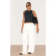 Cream Stretch Waistband Detail Tailored Pants, Cream