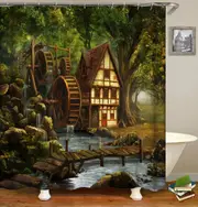Old Wood Water Wheel Village House Shower Curtain