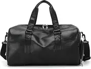 [Generic] PU Leather Duffle Bag with Shoe Compartment, (Black, Brown - Large) Waterproof Pocket, Overnight Bag, Carry On Bag, Travel Bag, Tote Duffel Bag for Men or Women (Midnight Black)