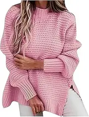 [Valtorixia] Women Oversized Cable Knit Crew Neck Sweater Jumper Sweater Side Split Pullover Knit Tops Long Sleeved Pullover