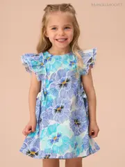 Angel & Rocket Blue Alessandra Pansy Print Tie Side 100% Cotton Dress And Bloomer Set (AN7661) | $39 - $42