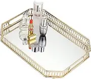 Vintage Gold Mirror Tray, Perfume Tray Mirror Tray, Gold Makeup Vanity Tray, Hollow-Carved Jewelry Tray, Metal Trinket Storage Tray Home Organizer Decorative Tray for Dresser Bathroom Countertop