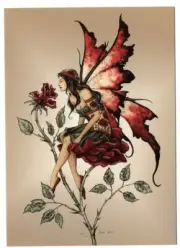 AMY BROWN NEW &MINT FAIRY POSTCARD/MINI ART PRINT RED ROSE FLOWER FAERIE FAE