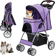 Unisakey 4 Wheels Pet Stroller for Small Medium Dogs Cats 10-33 lbs, Foldable Dog and Cat Stroller with Cup Holder & Storage Basket & Breathable Mesh, Pet Strolling Cart for All-Season, Purple
