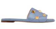 Valentino Rockstud Roman Stud Blue Leather Gold Quilted Slide Slip On Sandal 39