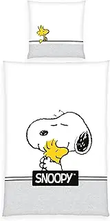 Herding Peanuts Snoopy Bed Linen, Pillowcase 80 x 80 cm with Reversible Motif, Duvet Cover 135 x 200 cm, with Zip, 100% Cotton/Renforcé, White/Grey