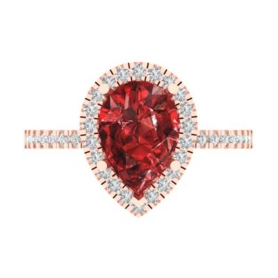 2.38Ct Pear Cut Natural Garnet Gold Halo Engagement Promise Wedding Bridal Ring