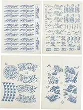 KALLORY Chic Transfer Papers Blue White Clay Decals 4 Sheets for Pottery Decor