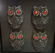 Tahari Home Halloween Black Owl Red Eyes Gems Metal 4 pc Set Napkin Ring Holders