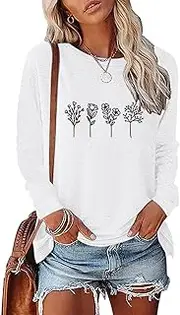 [JNIFULI] Women's Vintage Floral Printed Long Sleeve Crewneck Graphic T Shirt Side Split Casual Pullover Tunic Tops