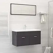Modern High Gloss Grey Bathroom Vanity Set with Engineered Wood Sink Cabinet, Built-in Ceramic Basin & Wall Mirror - Floating Vanity Console for Contemporary Bathrooms, 90cm