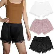 [Chanseen] Women's Slip Shorts Under Dresses - 3 Pack Pettipants Bloomers with Lace Trim Half Slip Culotte Shorts (Fits Waist 28"-34") - Black/White/Pink, Black, White, Pink, Medium