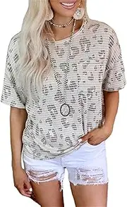 [Zylphorix] Women Leopard Short Sleeved Waffle T-Shirt Leopard Print Middle Length Pocket Pullover Top Loose Round Neck Blouse Tee