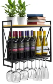 2-Tier Wall Mounted Wine Bottle Wood Shelf Organizer, Stemware Glass Holder Rack