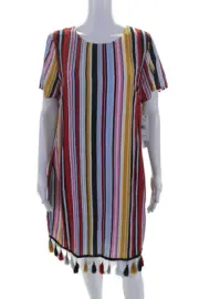 Aidan Aidan Mattox Womens Striped Tassel Shift Dress Multicolored Size 14