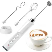 Rechargeable White Mini Blender for Frothing Coffee, Whisking Eggs and Mixing Modern Handheld Electric Milk Frother with 3 Speeds, Includes 3 Heads