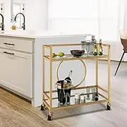 Maxkon Bar Cart Wine Storage Trolley Drink Serving Cart Wine Rolling Trolley with 2 Lockable Casters & 2 Tiers Tempered Glass Gold