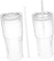 Cabilock 2Pcs Glass Cups with Lids and Straws Drink Tumblers for Milk Tea Juice Coffee and Beverages for Restaurants and Home Use