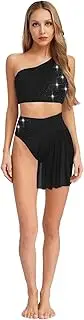 [YiZYiF] Womens Shiny Lyrical Dance Costume One Shoulder Crop Top With Skirt For Performance