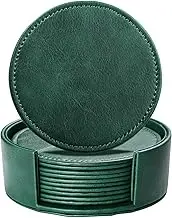 LAMOTI Leather Coasters for Drinks, 4" Drink Coasters Set of 6 with Holder for Tabletop Protection, Handmade Luxurious Home Décor and Housewarming Gift (Green)