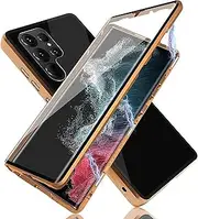 Magnetic Adsorption Case for Samsung Galaxy S23/S23 Ultra 360 Degree Front and Back Clear Tempered Glass Flip Cover Metal Bumper Frame,Gold,for Samsung S23Ultra