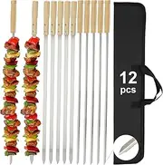 Professional Kabob Skewers, 24 Inch Heavy Duty Large Wide Reusable BBQ Barbecue Skewers, Stainless Steel Sticks with Nonslip Wooden (Set-12 Pcs)