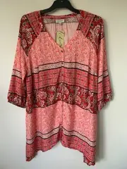 AUTOGRAPH SIZE 14 V- NECK 3/4 SLEEVE PINK VINTAGE PRINT BUTTON BLOUSE TUNIC TOP