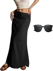 [Generic] Linen Maxi Skirts for Women Trendy Summer Comfy Drawstring Waist A Line Skirts A Line Skirt Beach Cover Up Skirt