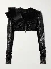 [Maticevski] Maticevski - Illusion Cropped Ruffled Sequined Mesh Top - Black - UK 6 UK 6 Black