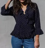 NWT Womens SEED Heritage Navy Polka Dot Ruffle Wrap Frill Spot Top Blouse Size 8