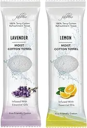 FabbPro Oshibori Moist Terry Cotton Refreshment Towels (50 Pack, 8 x 8 Inches) - White Scented Pre-moistened Towel to Use Hot or Cold - Lemon & Lavender Scent Bundle of 25 each