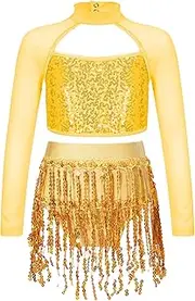 [Rswnyirn] Girls Tassel Dance Belly Clothes Tango Crop Top Skirt Carnival Wear Dancewear Latin Salsa Costume