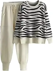 [HEYDHSDC] Women Leopard Sweater Sets Loose Tops+Drawstring Pockets Long Pencil Pants Streetwear Two Pieces Suits