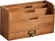 Daseeme Desktop Storage Organizer with Drawer Office Multi-Tier Storage Box Desktop Wooden Mail Rack Multifunctional Wooden Desktop Accessories Drawer Organization for Documents Stationeries Bills
