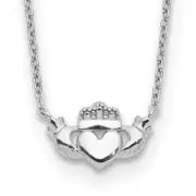 Real 14kt White Gold Polished Claddagh Necklace; 17 inch